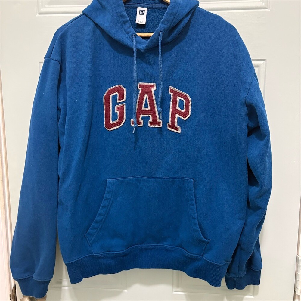 GAP Hoodie Mens Size L Blue Pullover Chenille Logo Heavyweight Fleece